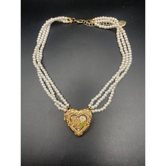 Betsey Johnson Locket 3 Strand Faux Pearl Necklace Heart Butterfly Gold Tone - Picture 9 of 10